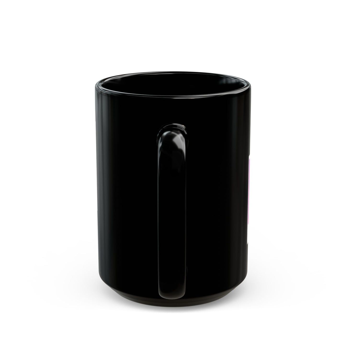 A black mug with the black handle facing the viewer.
