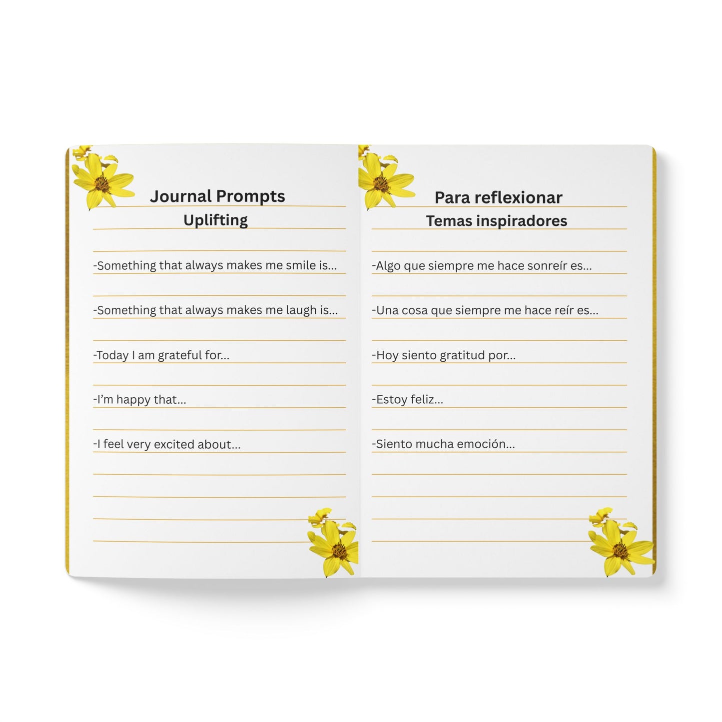 Floral 'Journal / Diario' Softcover Notebook — Bilingual Bright Yellow Flower Journal