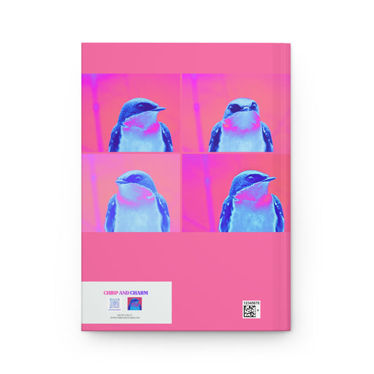 Back of a journal with a stylized bird design on a pink background, featuring the brand 'Chirp and Charm'.