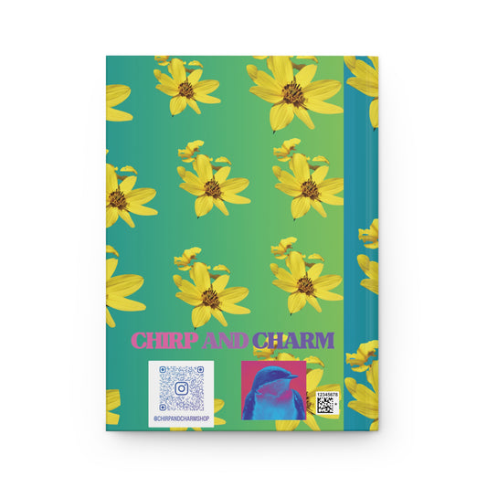 Notebook with yellow flower pattern on a green background, featuring the brand 'Chirp and Charm'.