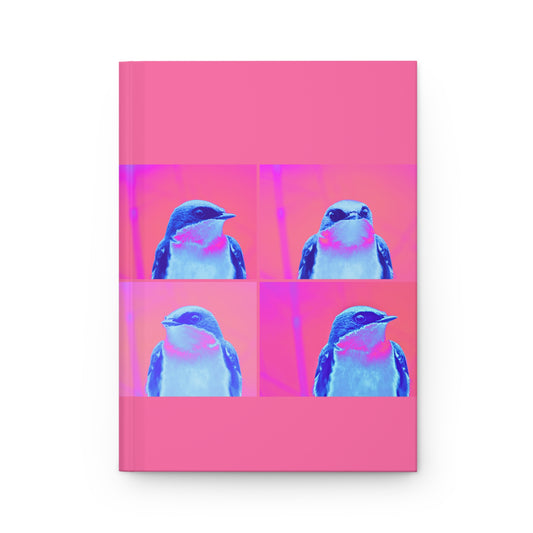Notebook with a pink cover featuring four images of a blue bird.