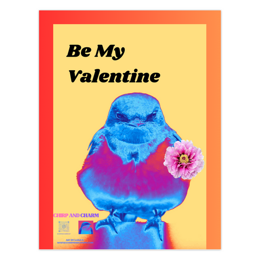 Colorful card with a blue bird holding a pink flower and 'Be My Valentine' text on a yellow background.