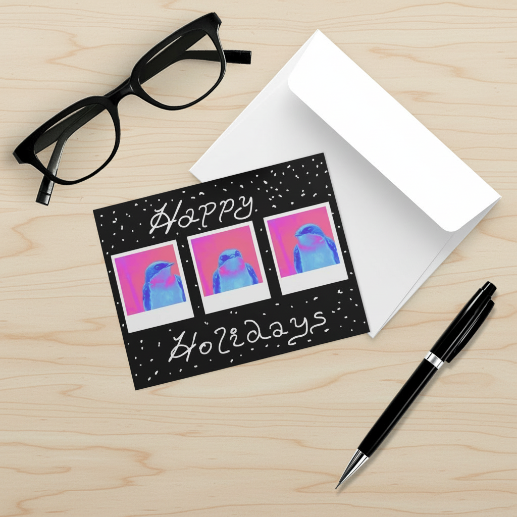 Greeting card with 'Happy Holidays' text and tree swallow illustrations on a light wood surface with glasses and a pen.