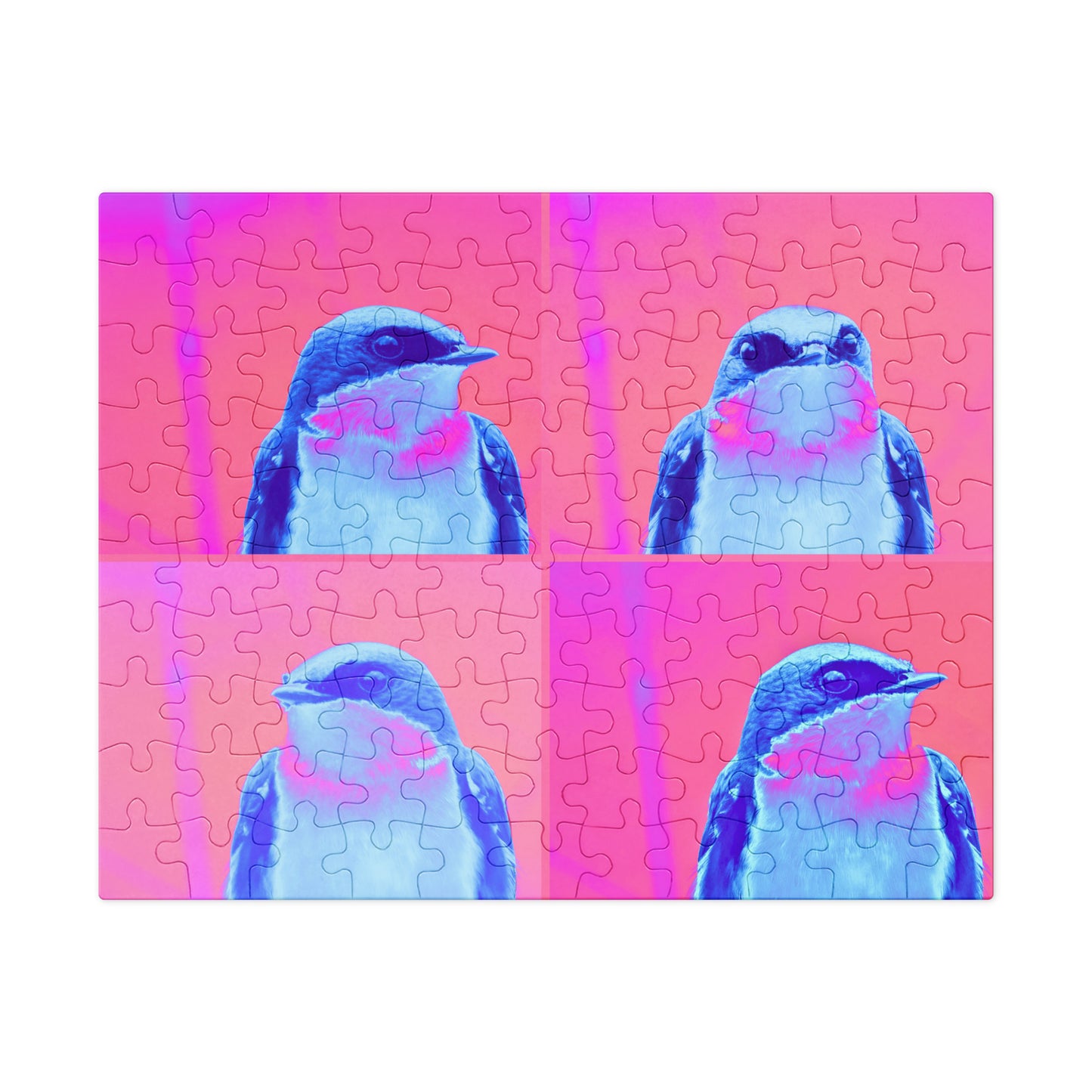 Jigsaw puzzle with a colorful bird design on a pink background in a pop art style.
