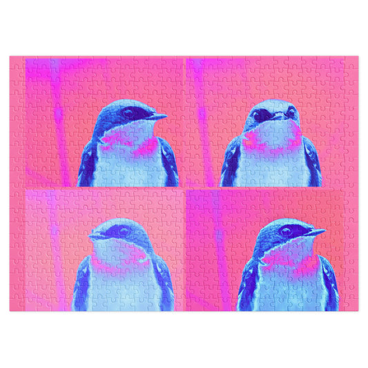 Four-panel illustration of a bird on a pink and purple patterned background