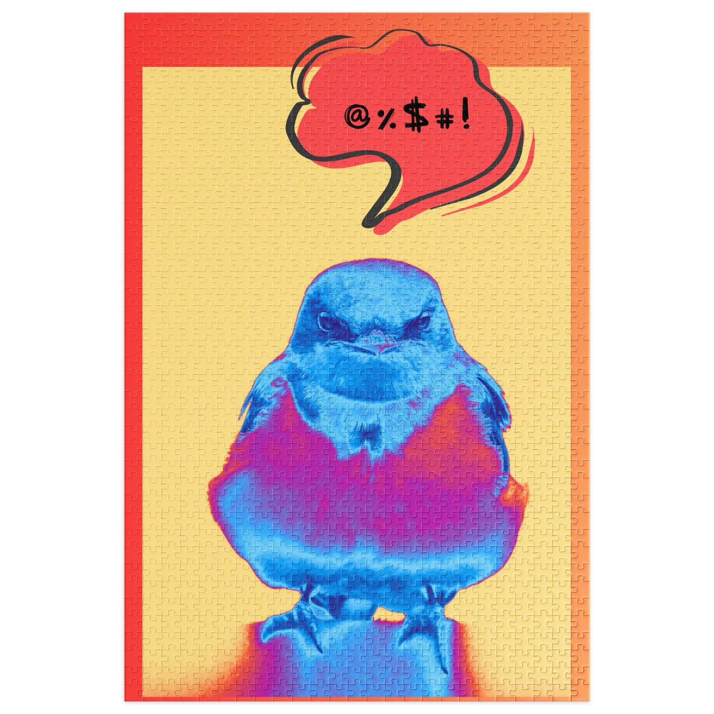 An angry barn swallow with a pop art comic design and a thought bubble above his head with symbols representing swearing.