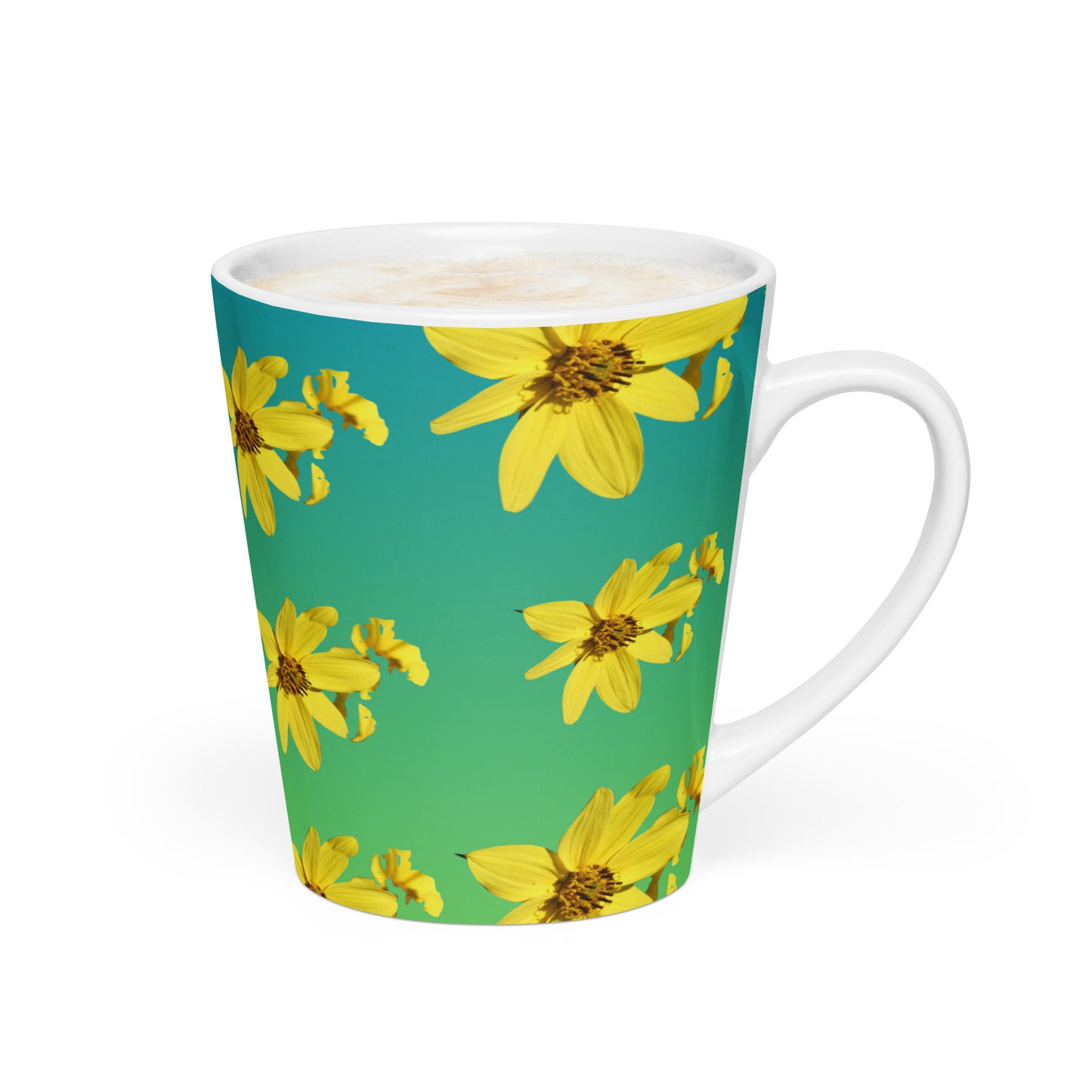 Mug with yellow floral pattern on a green background