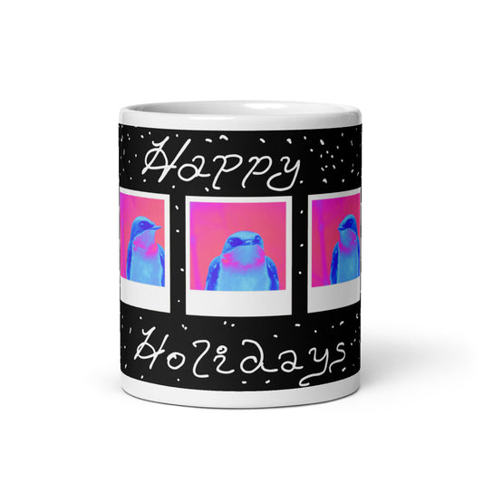Mug with 'Happy Holidays' text and bird illustrations on a black background