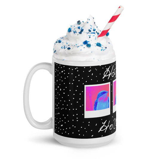 Mug with a festive holiday design with whipped cream and a straw, featuring a colorful label.