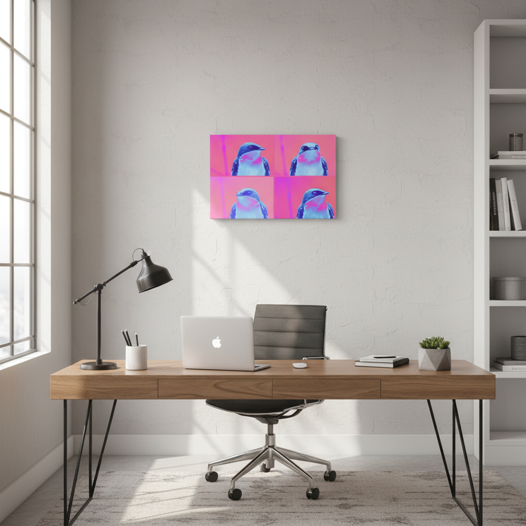 Writing tony the tree swallow on a random picture is inappropriate I asked you to do a mock up of Chirp and Charm's Tony the tree swallo canvas wrap in an office