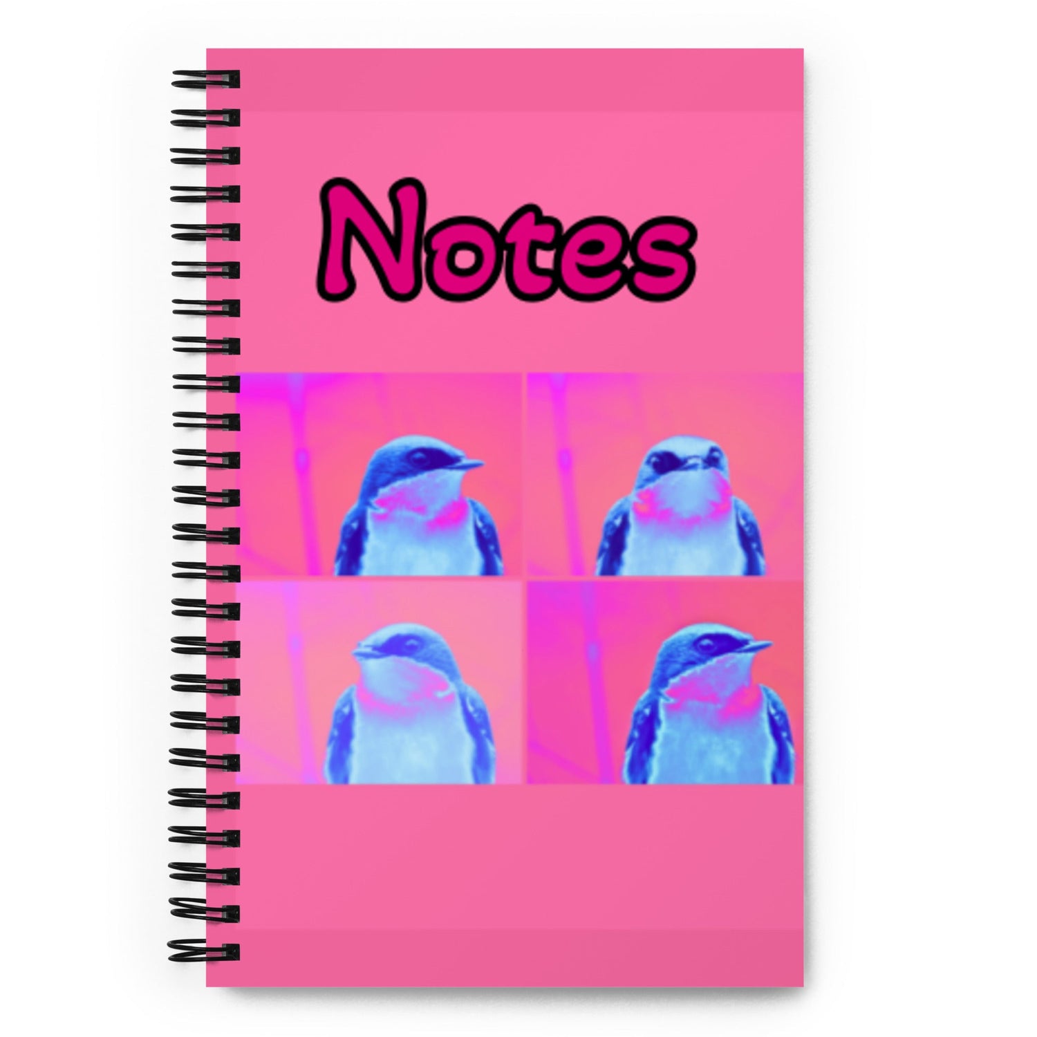 Bright pink spiral notebook with four pop art tree swallows and the word Notes on the cover. 