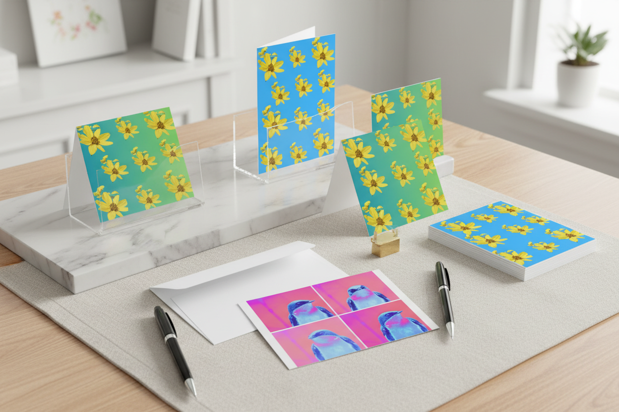 Colorful cards and white envelopes on a reddish brown wood table with pens