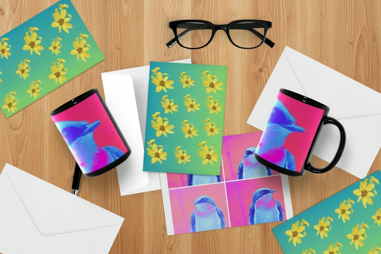 Some Chirp and Charm pop art tree swallow mugs and a card displayed on a wood table along with green cards with a sunflower patter and a pair of glasses, a pen and some envelopes. 