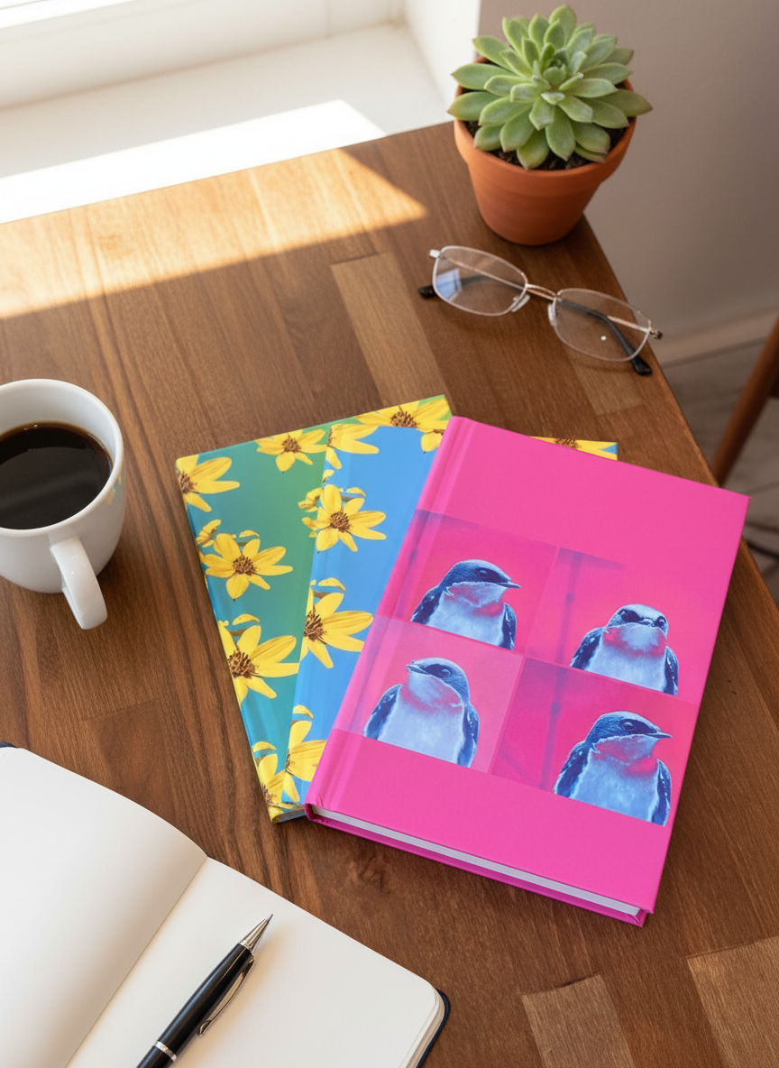 Three colorful journals with a pop art style on a wood desk near an open notebook with a pen and a cup of coffee by a window. 