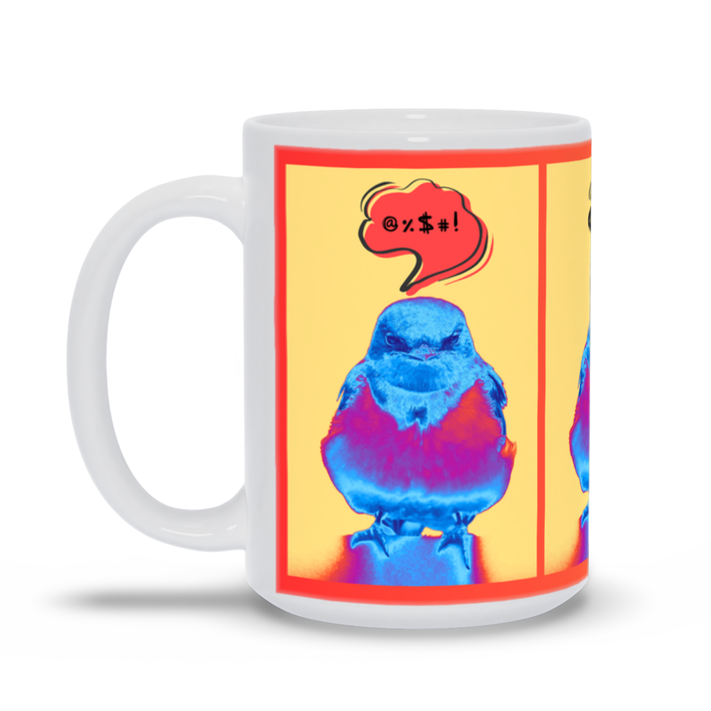 White mug with a colorful pop art style bird with a speech bubble above his head indicating swearing. 