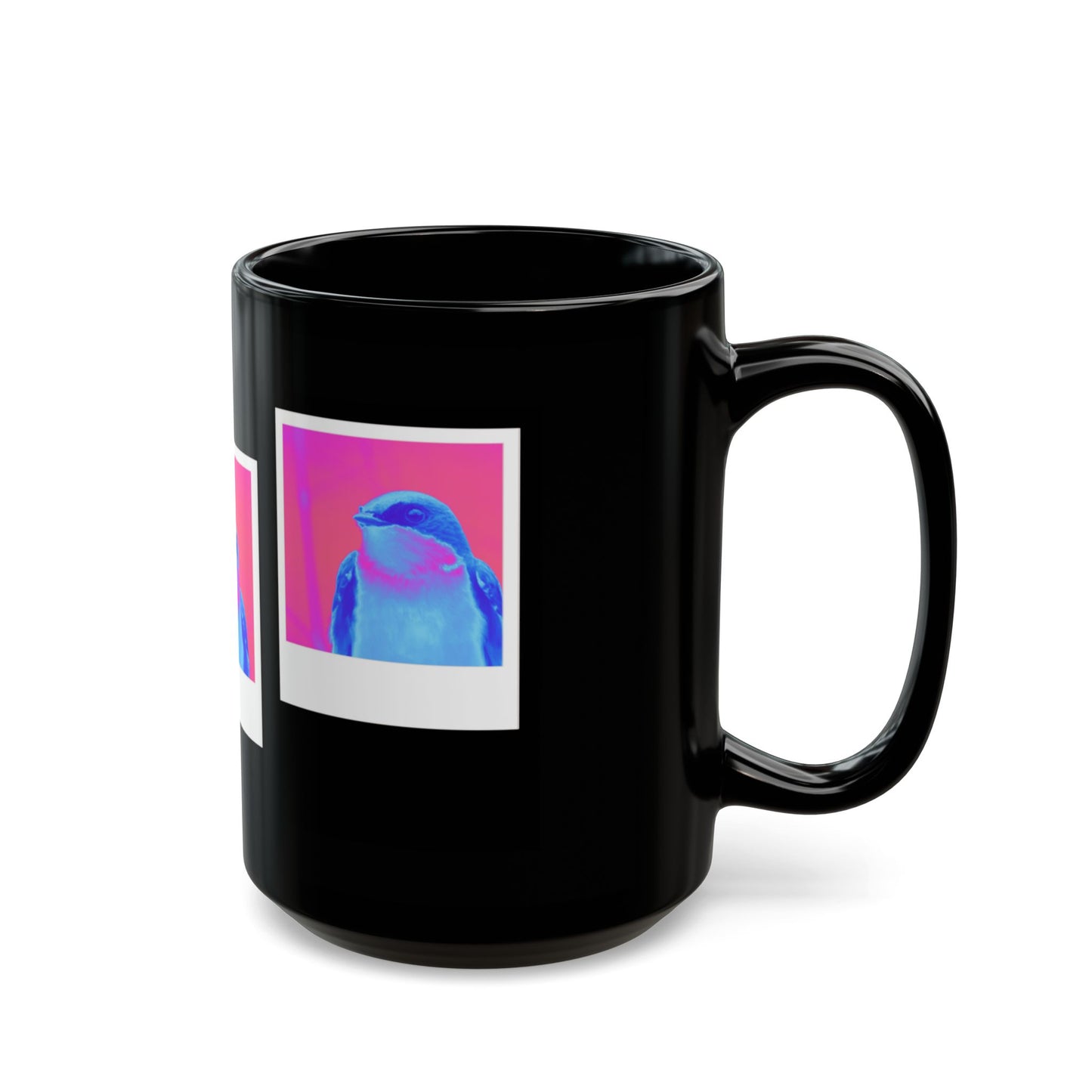 Black mug with a colorful bird design on a white background