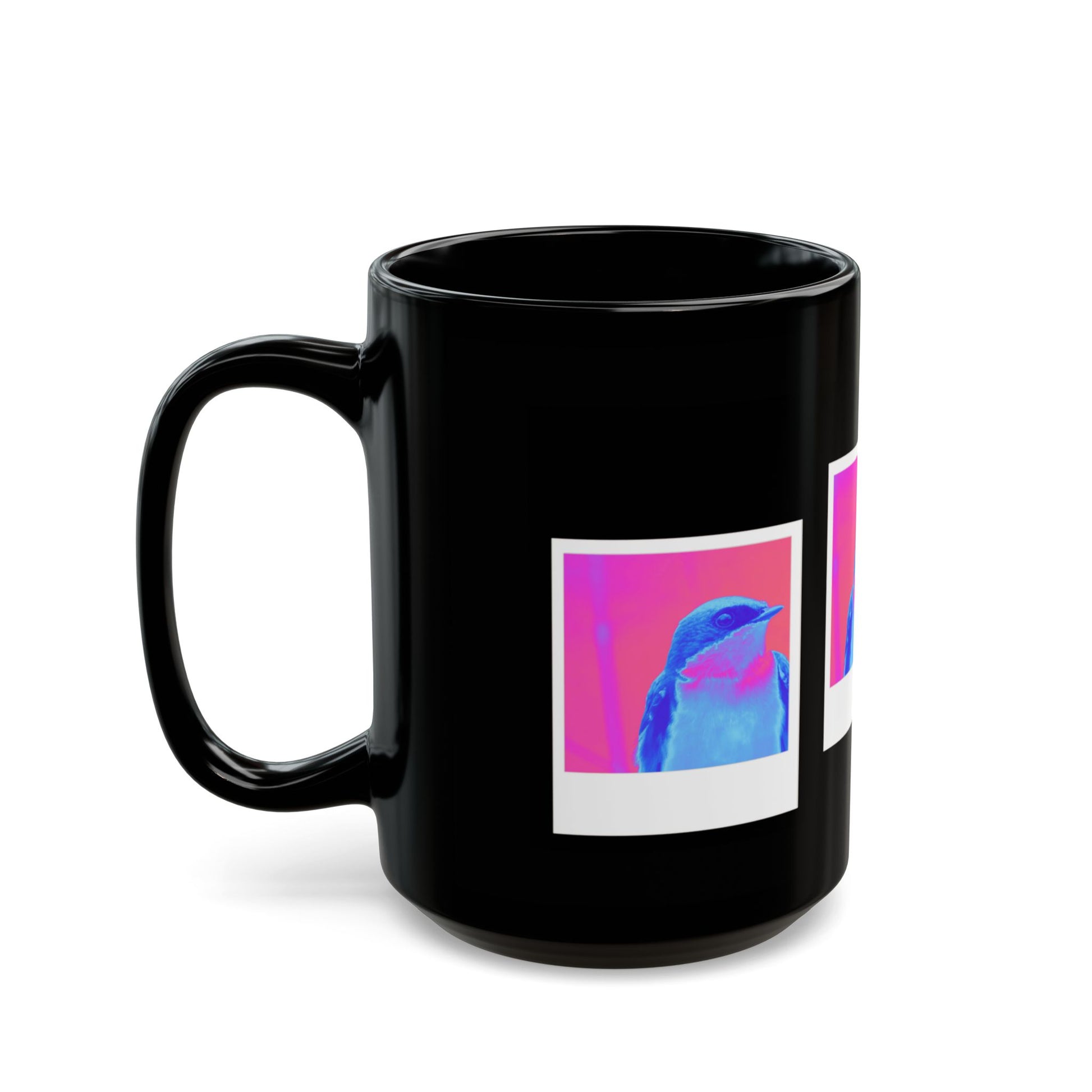 Black mug with a colorful bird design on a white background