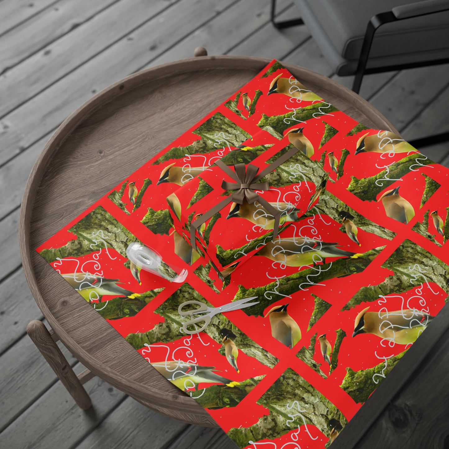 Christmas Cedar Waxwing  Wrapping Paper Roll — Festive Red Holiday Gift Wrap