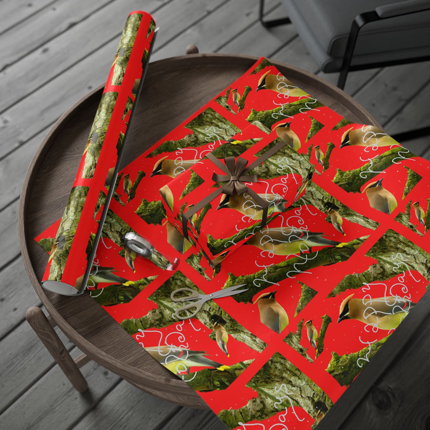 Christmas Cedar Waxwing  Wrapping Paper Roll — Festive Red Holiday Gift Wrap