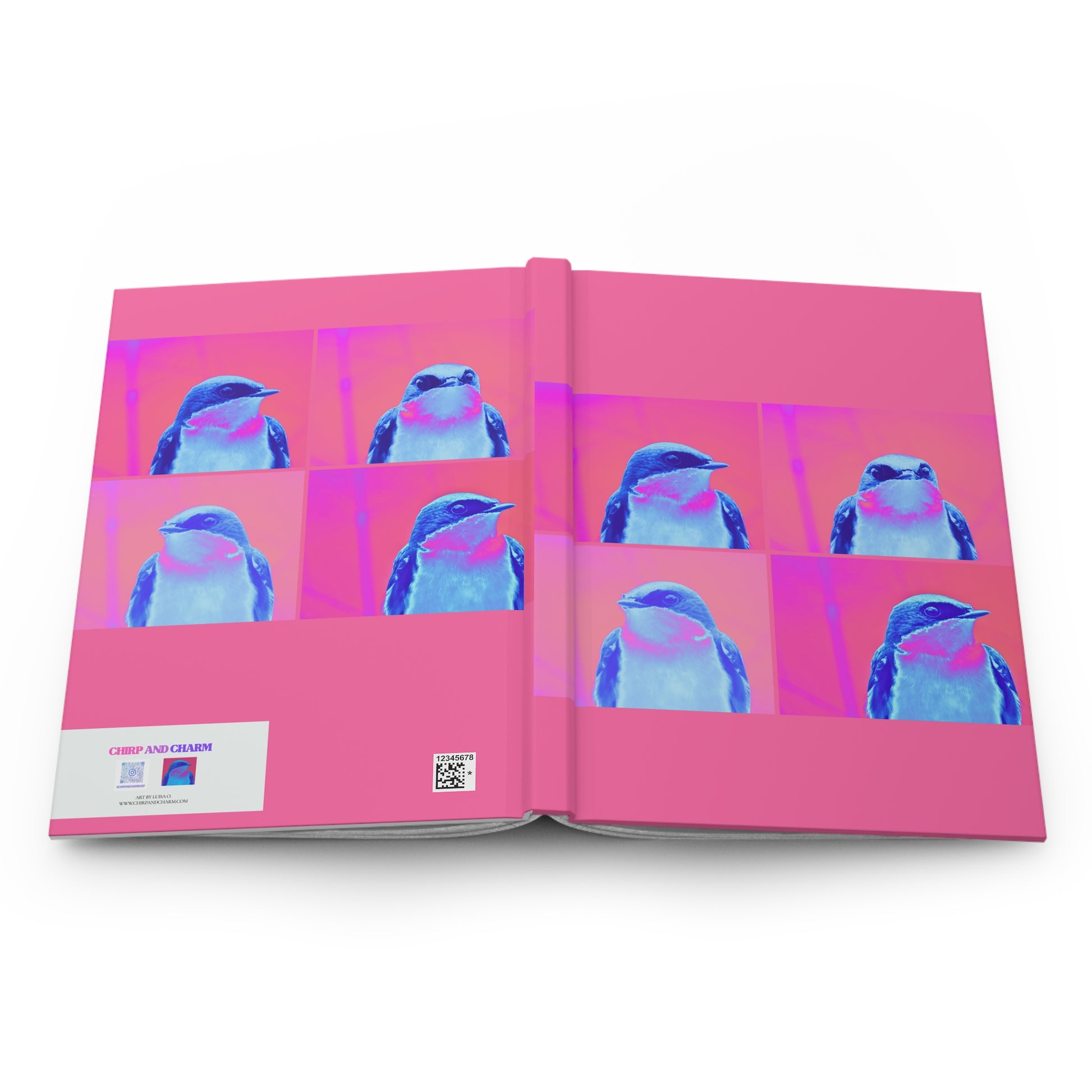 Open book with pink pages featuring blue bird illustrations on a white background
