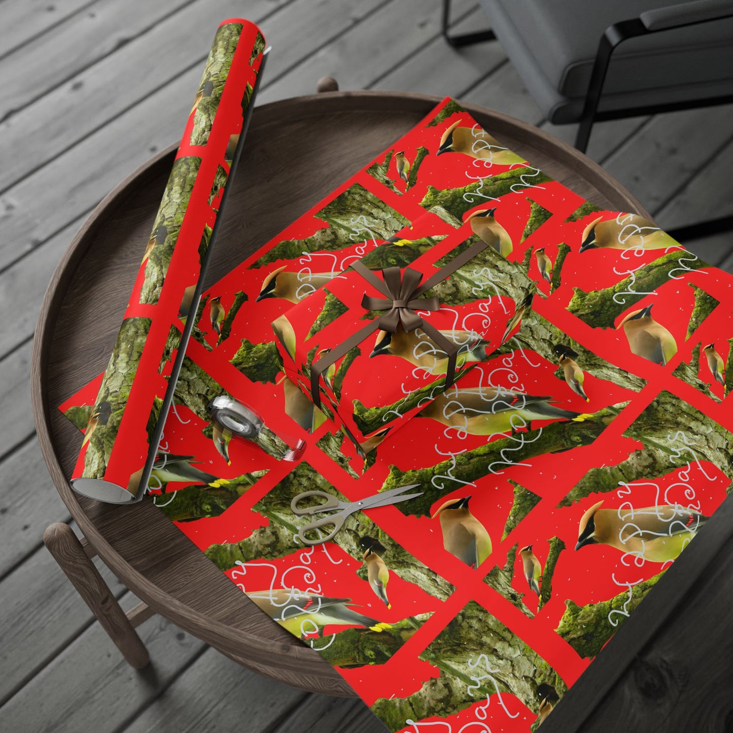 Christmas Cedar Waxwing  Wrapping Paper Roll — Festive Red Holiday Gift Wrap