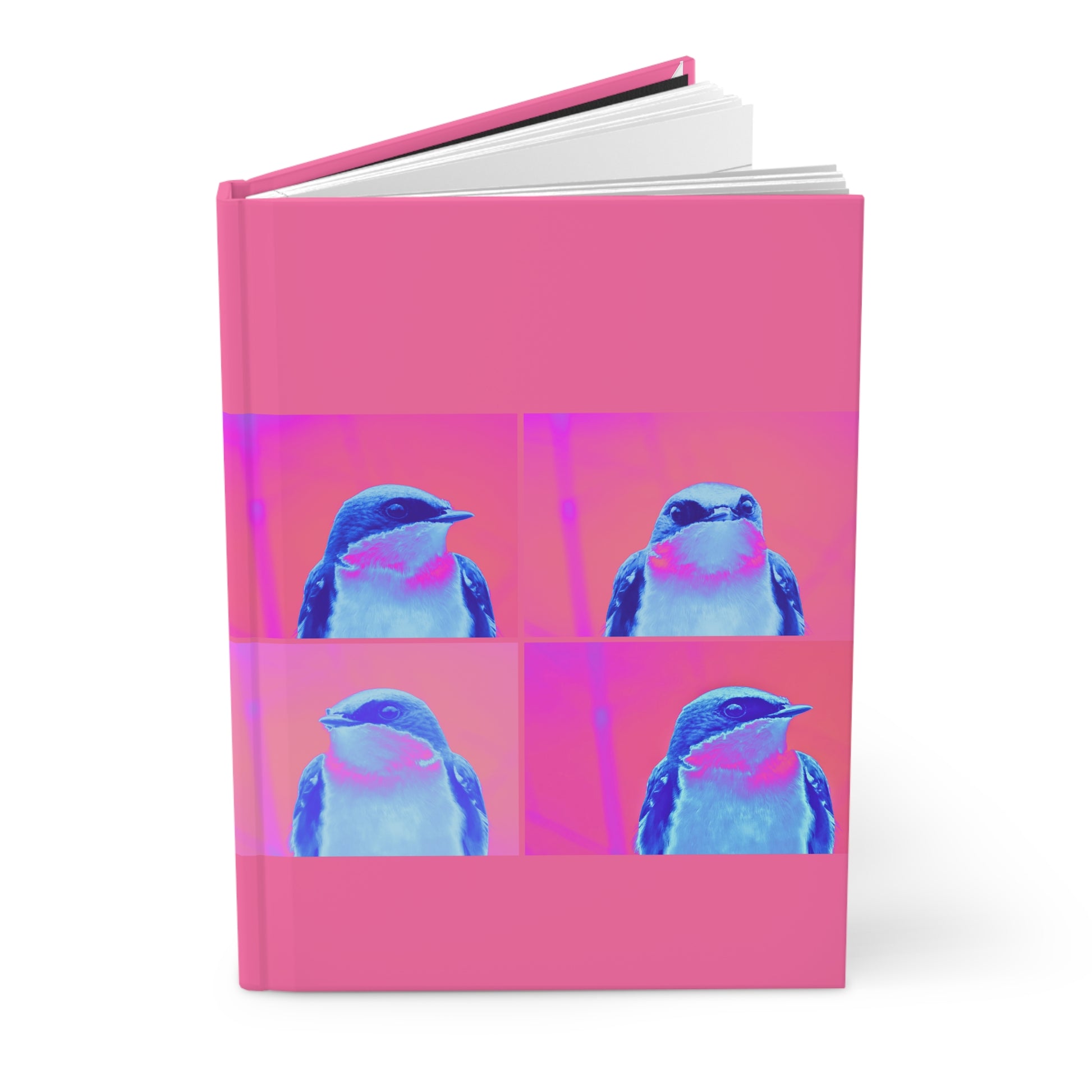 Notebook with a pink cover featuring four blue bird illustrations on a white background