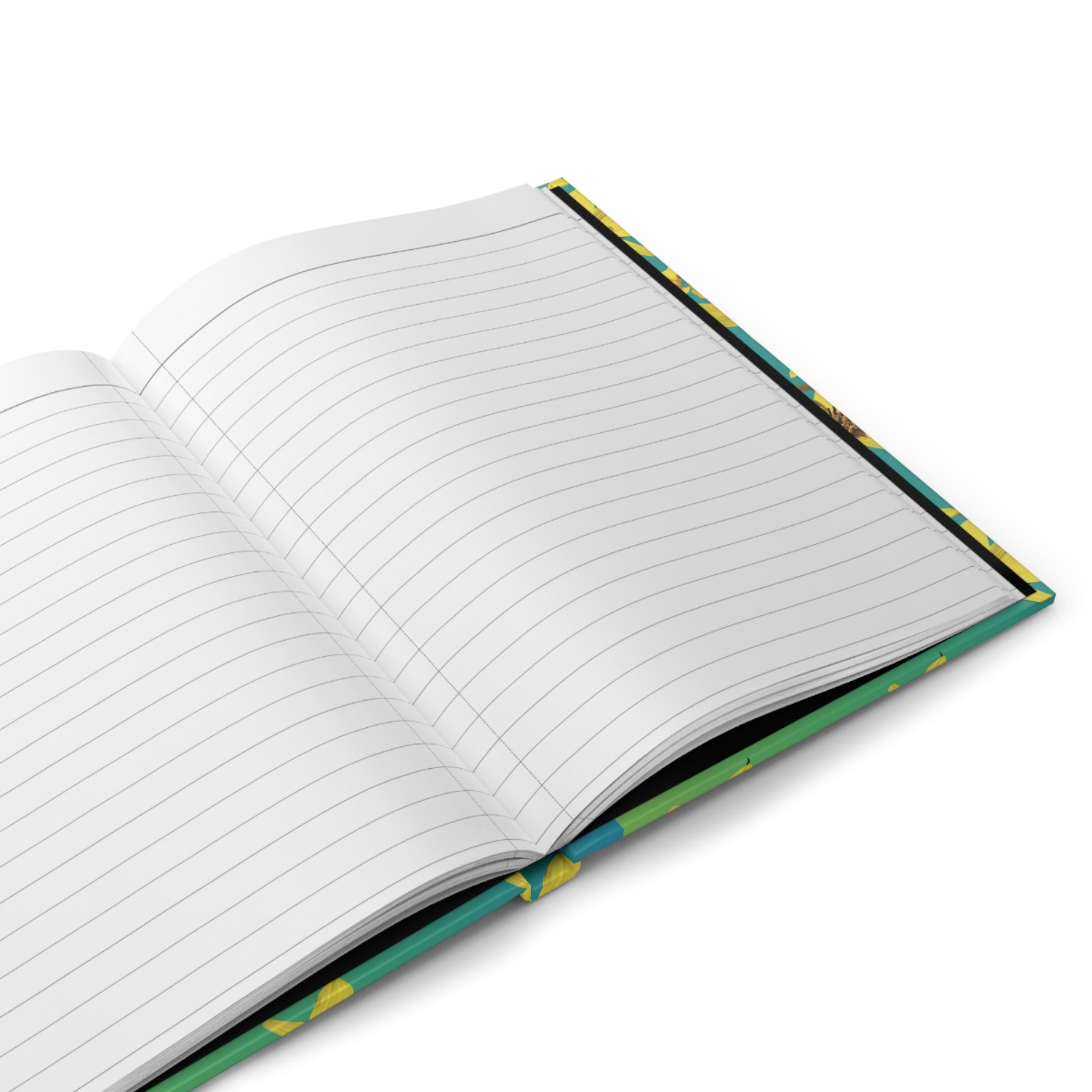 Open notebook with lined pages on a white background