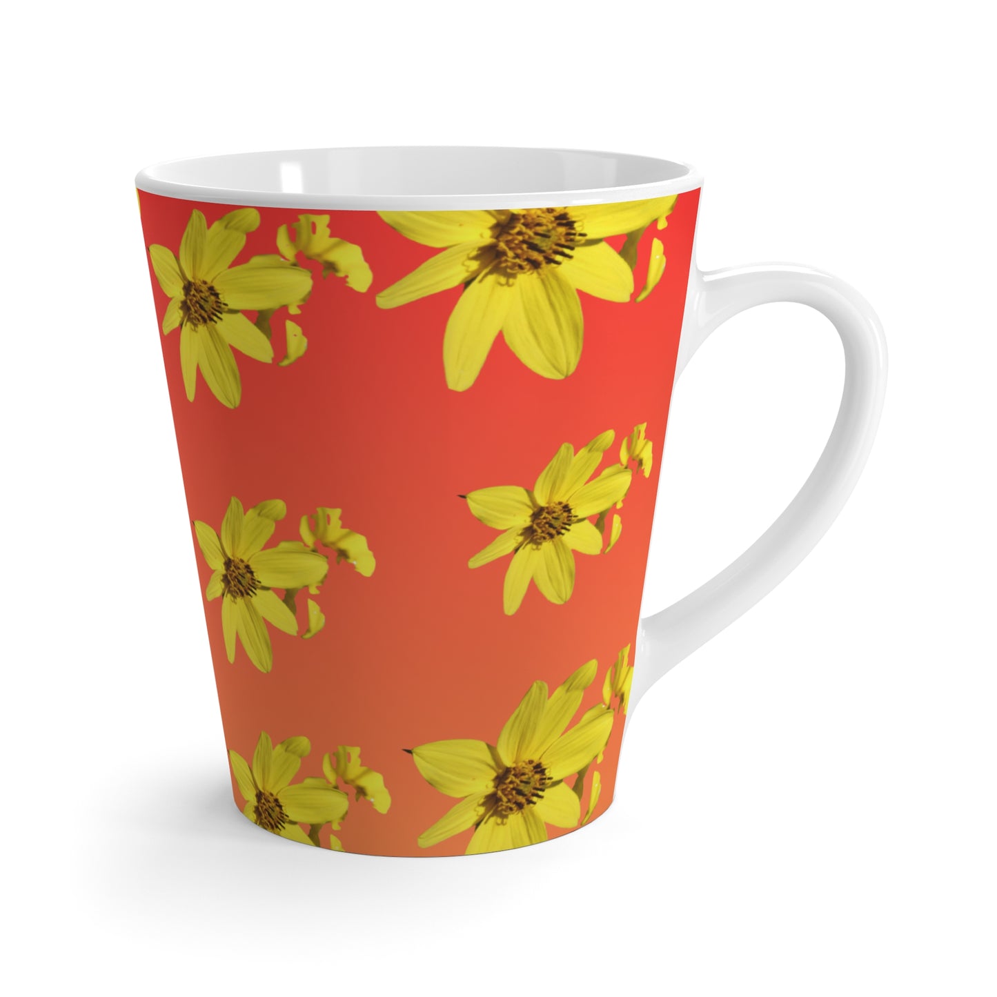 Sunflowers at Sunset Latte Mug — Yellow Sunflowers on Warm Coral Gradient
