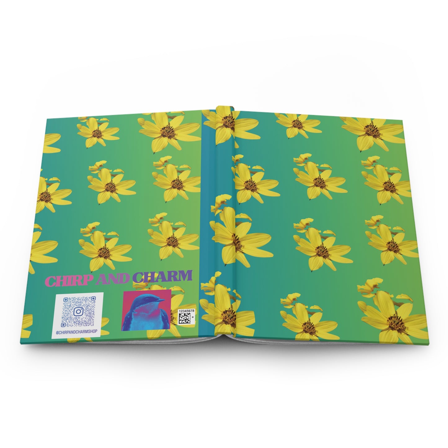 Open book with yellow floral pattern on green pages, featuring 'Chirp and Charm' branding.