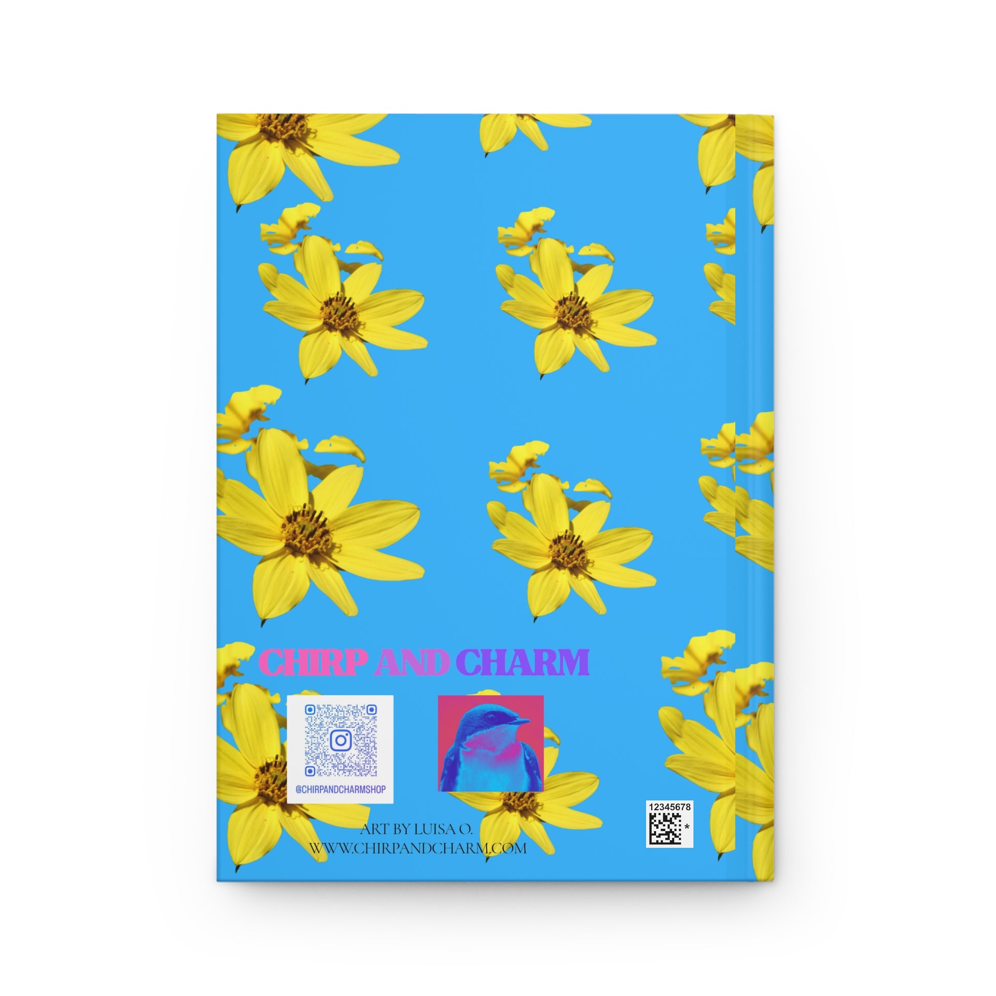 Notebook with yellow floral pattern on a blue background, featuring the brand 'Chirp and Charm'.