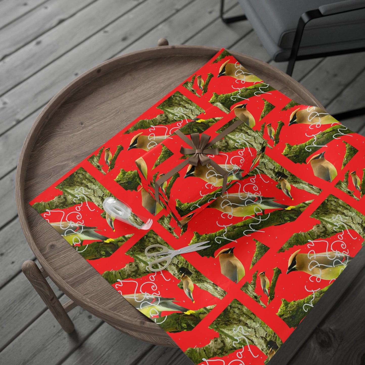 Christmas Cedar Waxwing  Wrapping Paper Roll — Festive Red Holiday Gift Wrap
