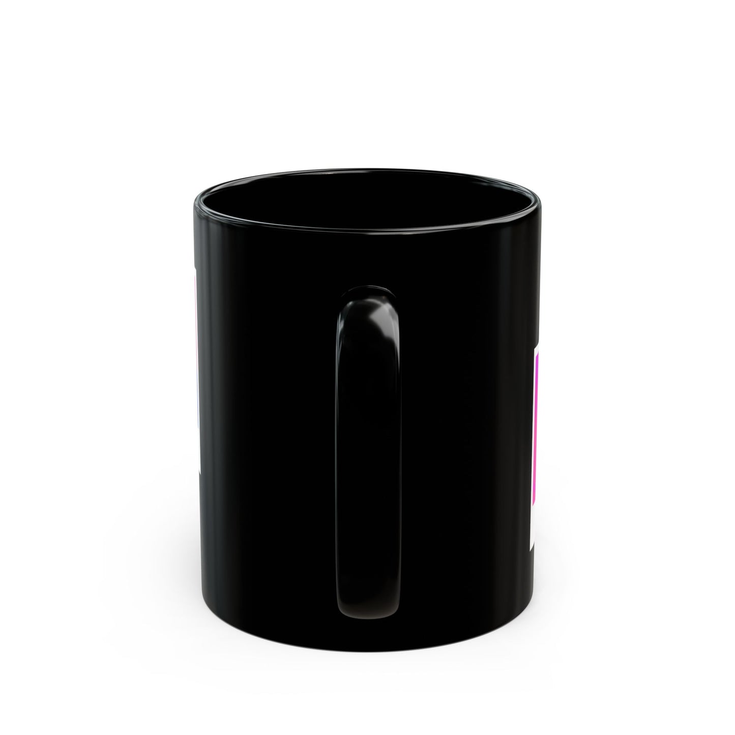 Black mug on a white background with the handle facing the viewer. 
