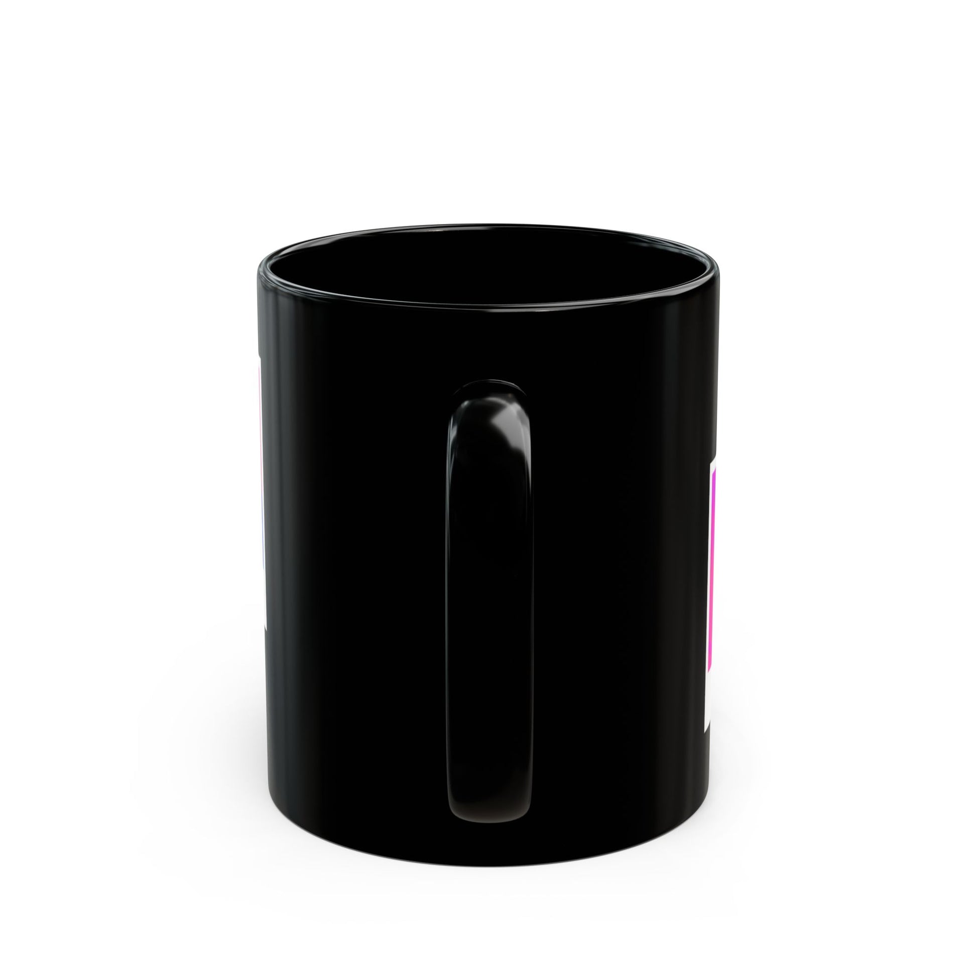 Black mug on a white background with the handle facing the viewer. 