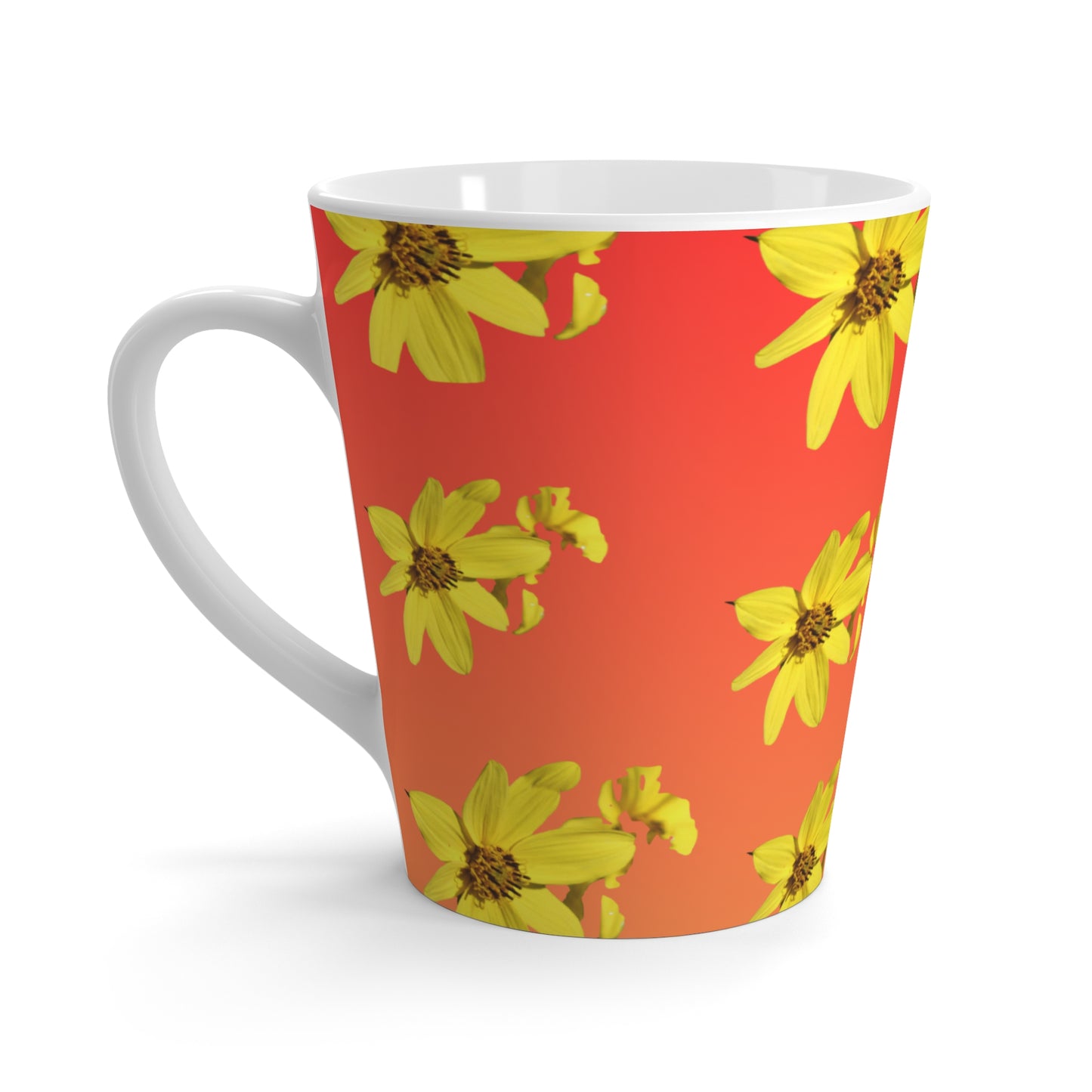 Sunflowers at Sunset Latte Mug — Yellow Sunflowers on Warm Coral Gradient