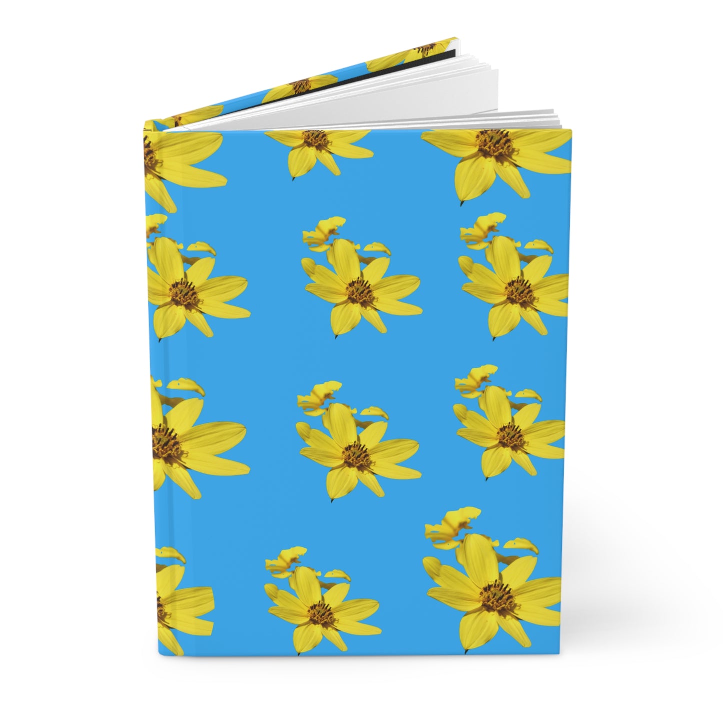 Notebook with yellow flower pattern on a blue background