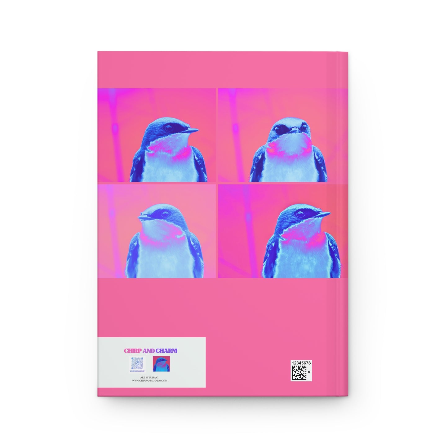 Back of a journal with a stylized bird design on a pink background, featuring the brand 'Chirp and Charm'.