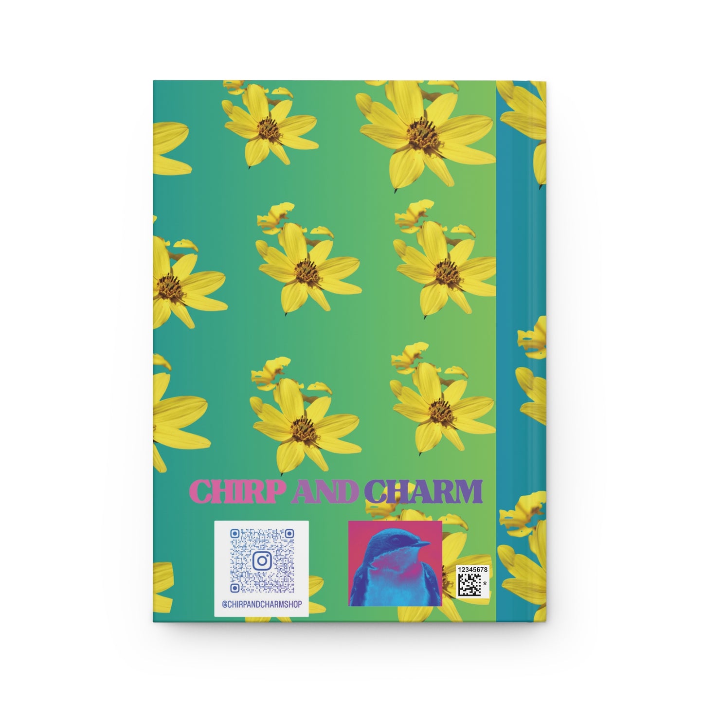 Notebook with yellow flower pattern on a green background, featuring the brand 'Chirp and Charm'.