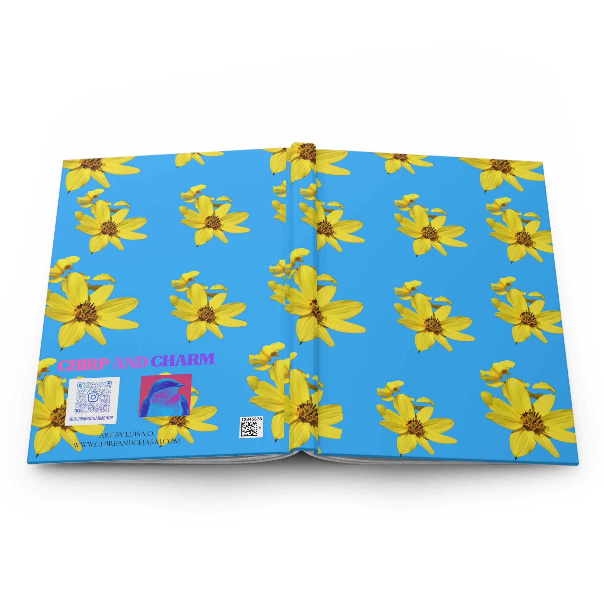 Open book with yellow flower pattern on a blue background