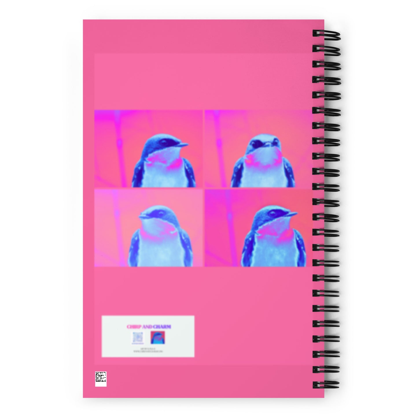 Back of notebook with tree swallow  design on a pink cover