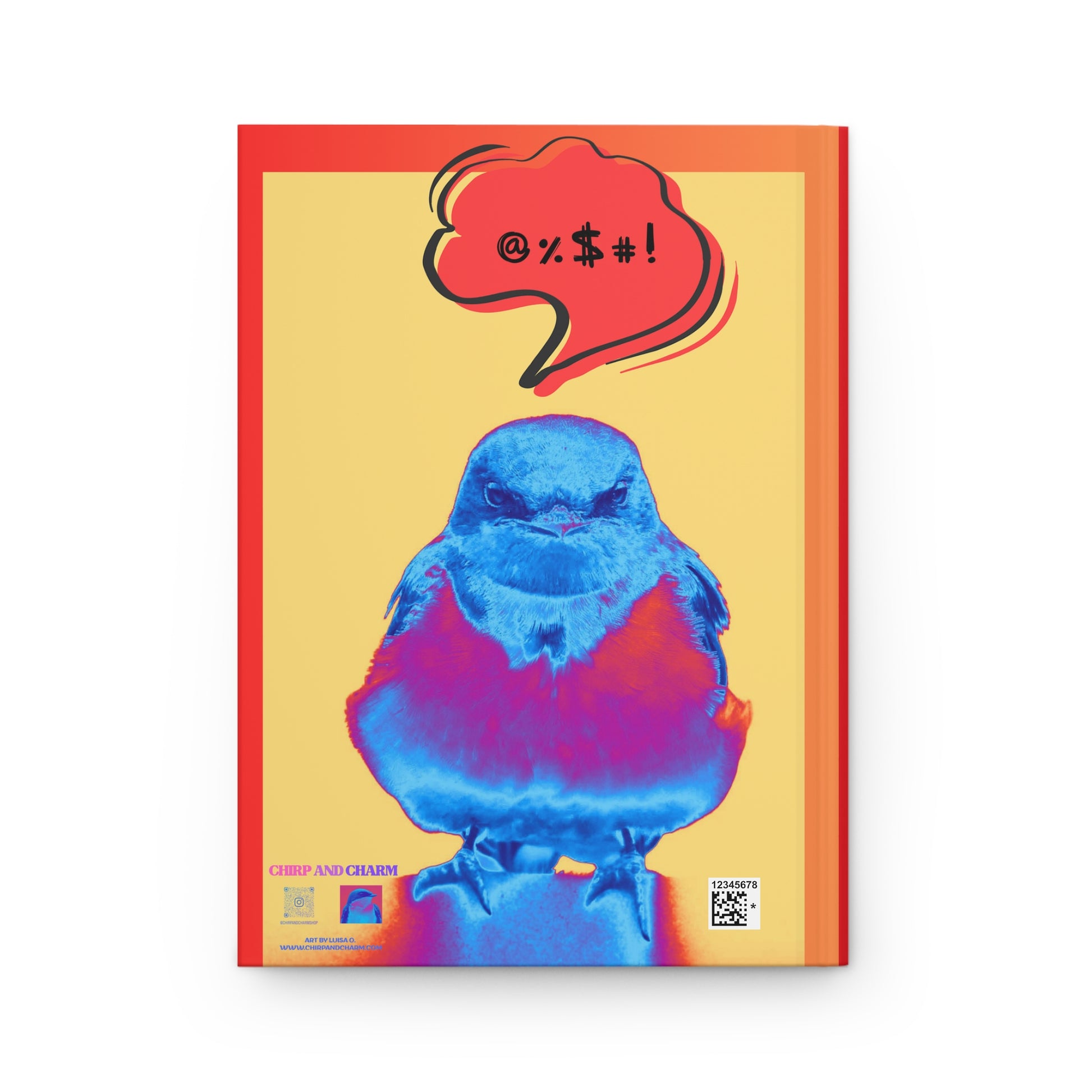 Back of a hardcover journal with a pop art barn swallow and a red speech bubble on a yellow background
