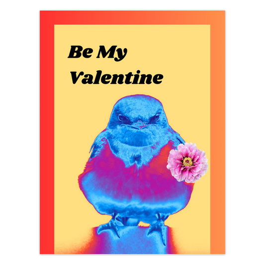 Colorful bird holding a flower with 'Be My Valentine' text on a yellow background