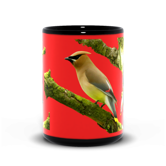 Black mug featuring cedar waxwings on a branch on  red background