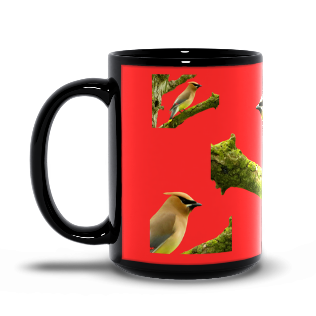 Black mug with a red background featuring images of cedar waxwings and branches