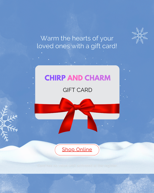 Gift card with red ribbon on a snowy background, featuring 'Chirp and Charm' brand.