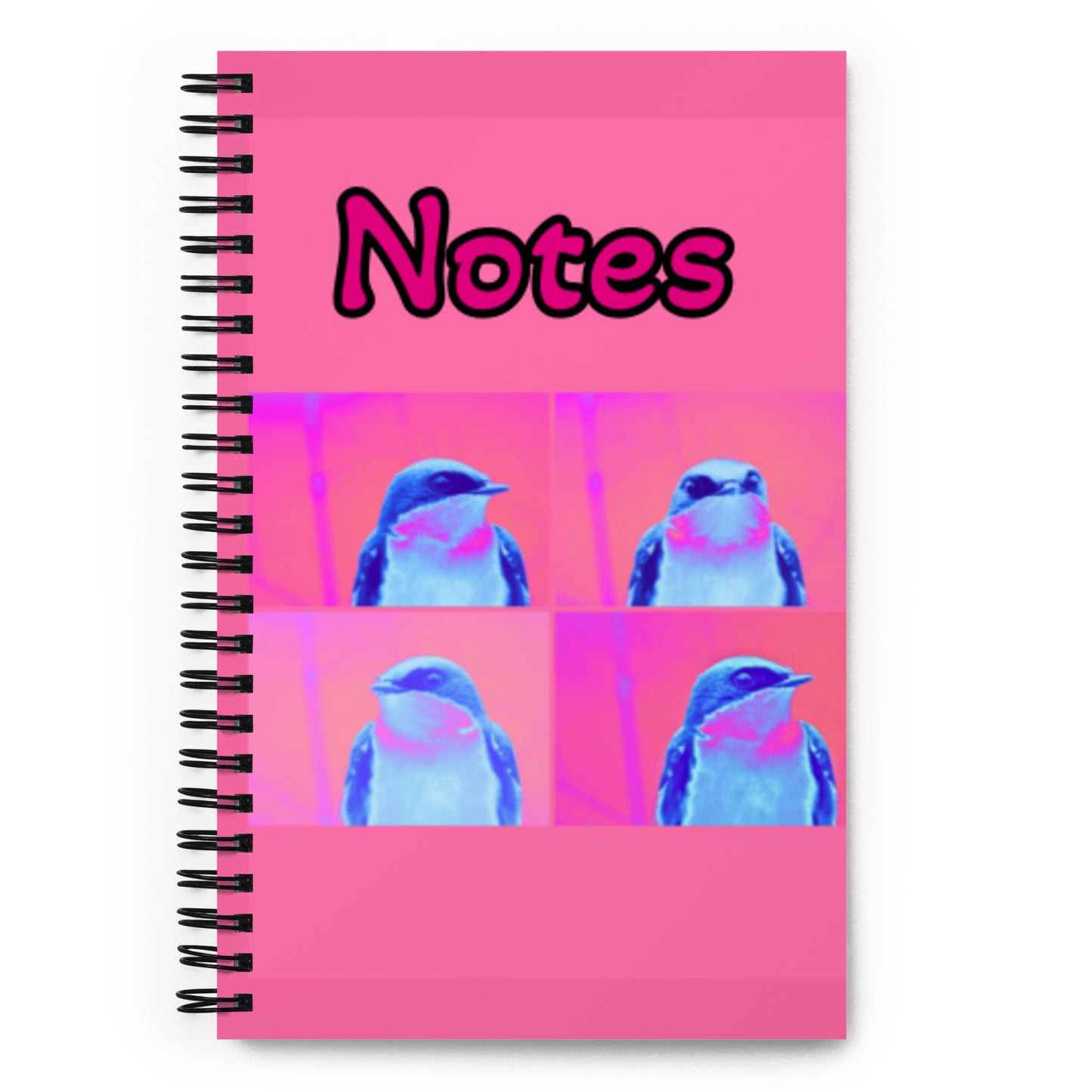 Notebook with tree swallow design and 'Notes' text on a pink background