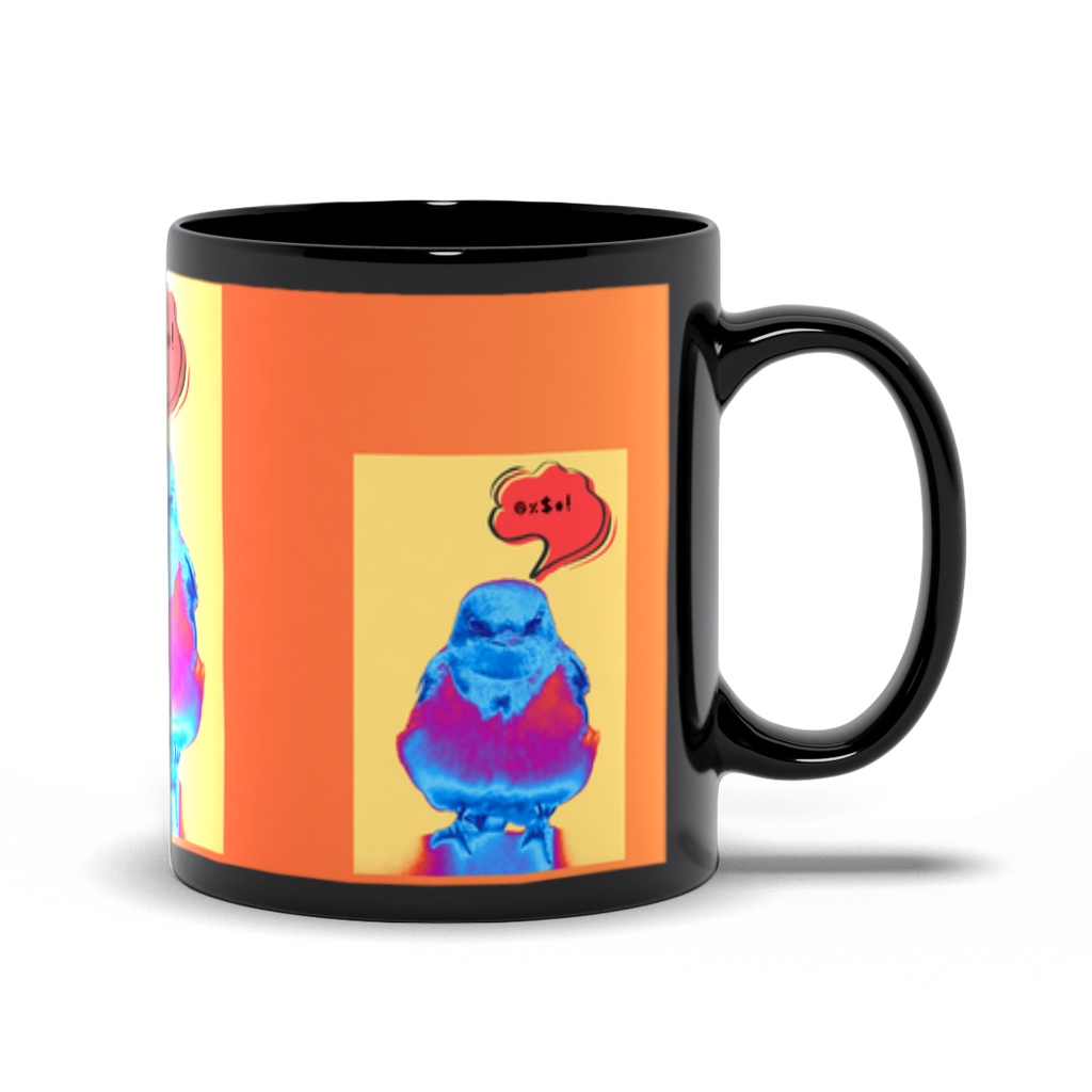 Black mug with a colorful design of a bird and speech bubble indicating swearing on an orange background.