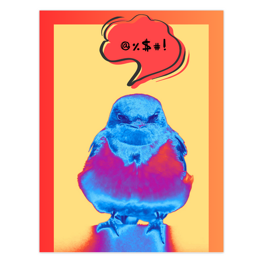 Colorful bird with a speech bubble containing symbols representing swearing on a yellow background