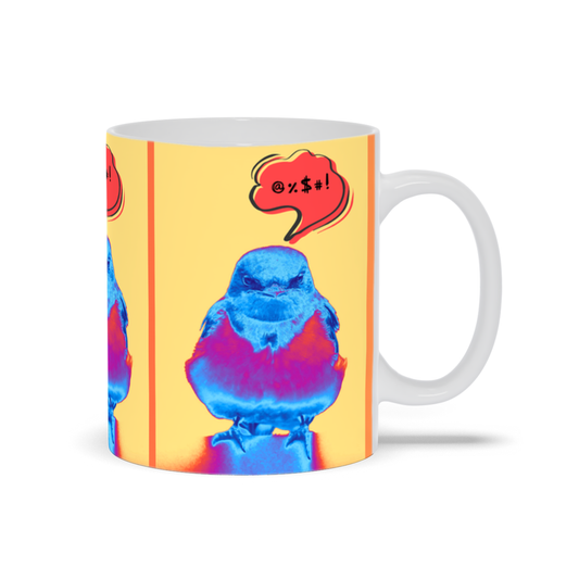 Mug with a colorful barn swallow design and a speech bubble indicating swearing on a yellow background