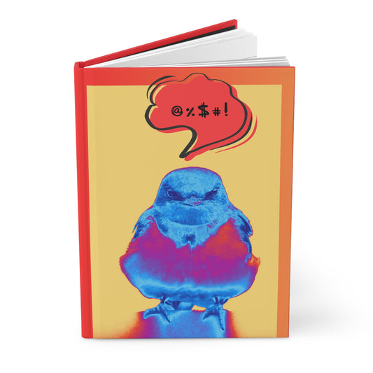 Notebook with a colorful bird illustration and profanity symbol on a white background