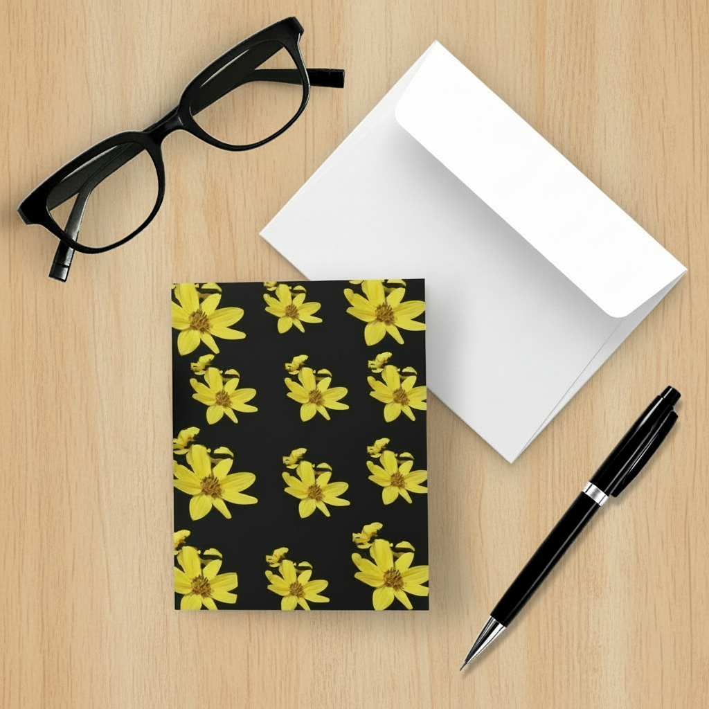 Folded Card with yellow floral pattern, glasses, and pen on a marble surface
